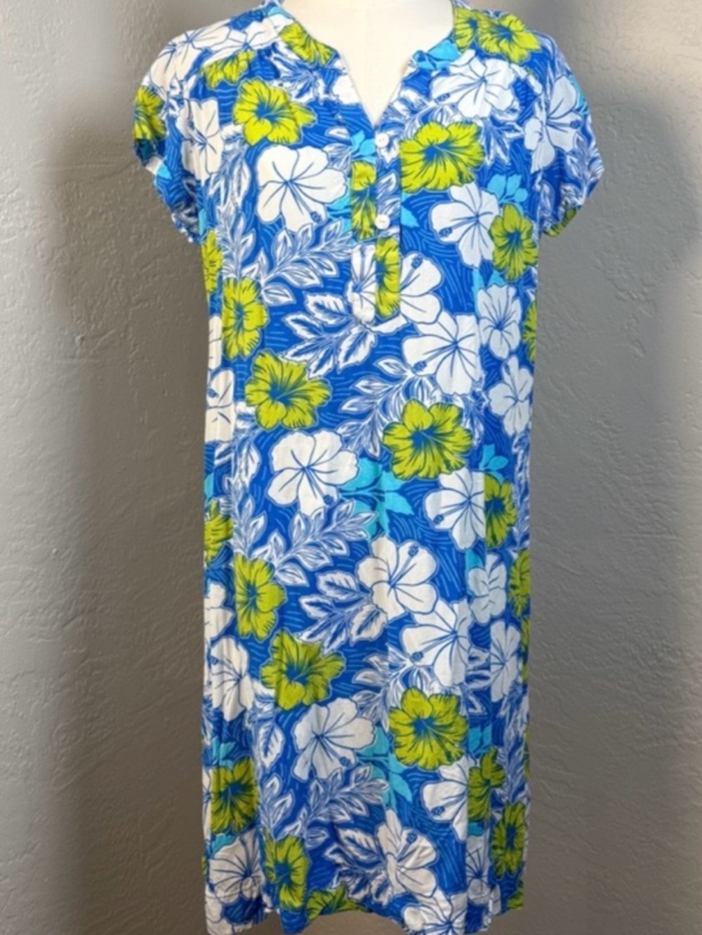 Blue Ginger Hawaiian Floral Dress Blue White Green RayonTropical Print Size M